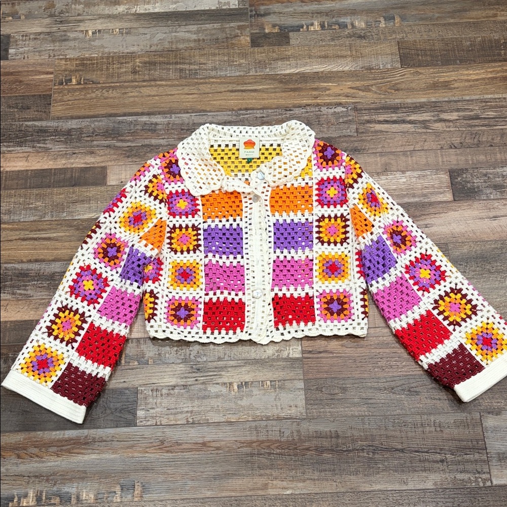 FARM Rio Crocheted Multicolor Granny Square Cardigan with White Trim